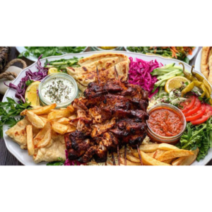 chicken kebab meat and chips