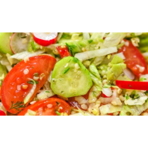 Mista iceberg lettuce, tomatoes, cucumber, red cabbage, carrots, olives, peppers