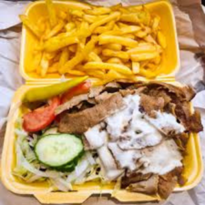 Lamb donner meat and chips