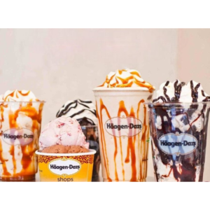 Haagen dazs ice cream vanila, belgian chocolate, cookies & cream, strawberry